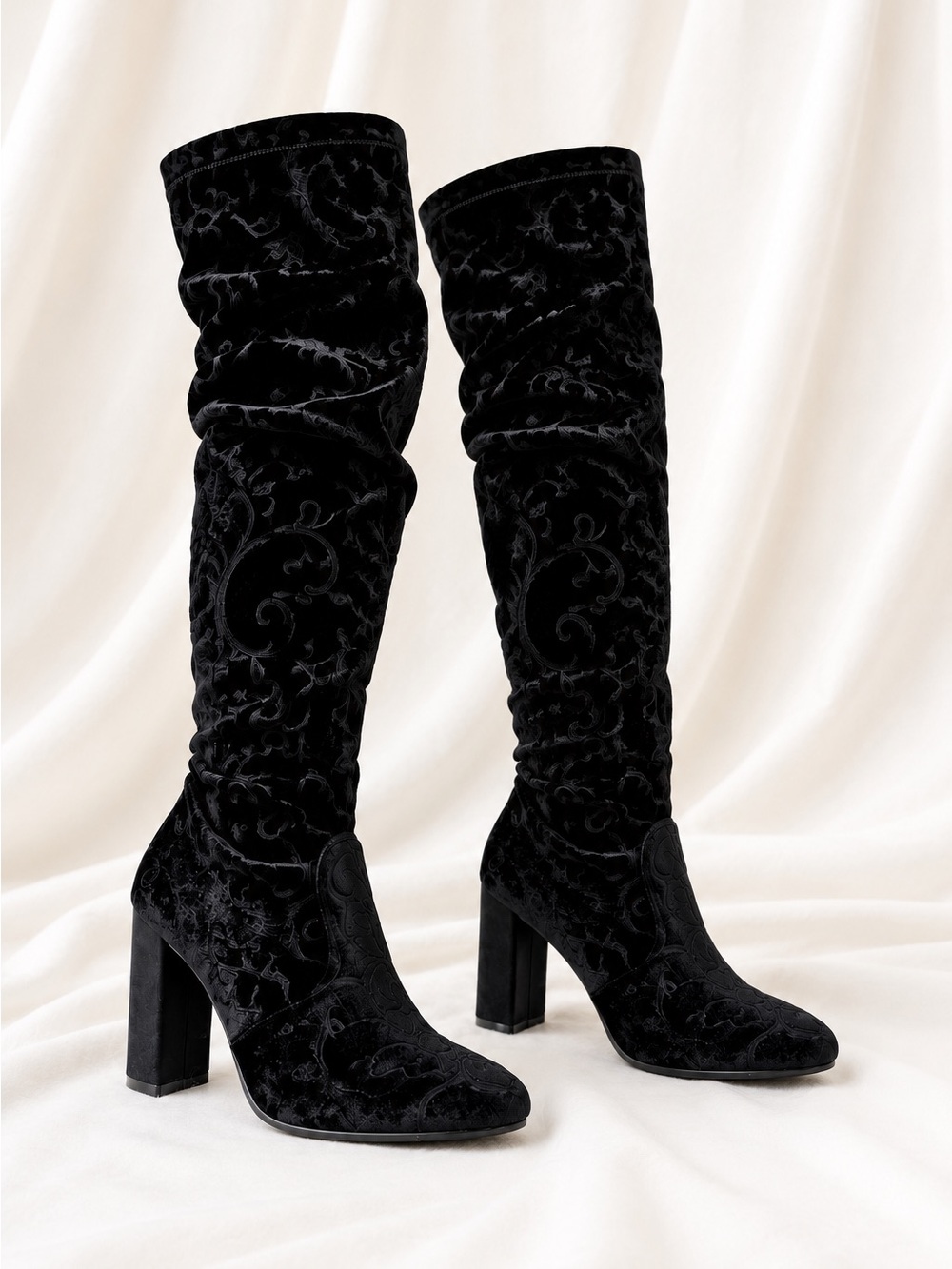 Black embroidered over the knee boots chunky block heel velvet